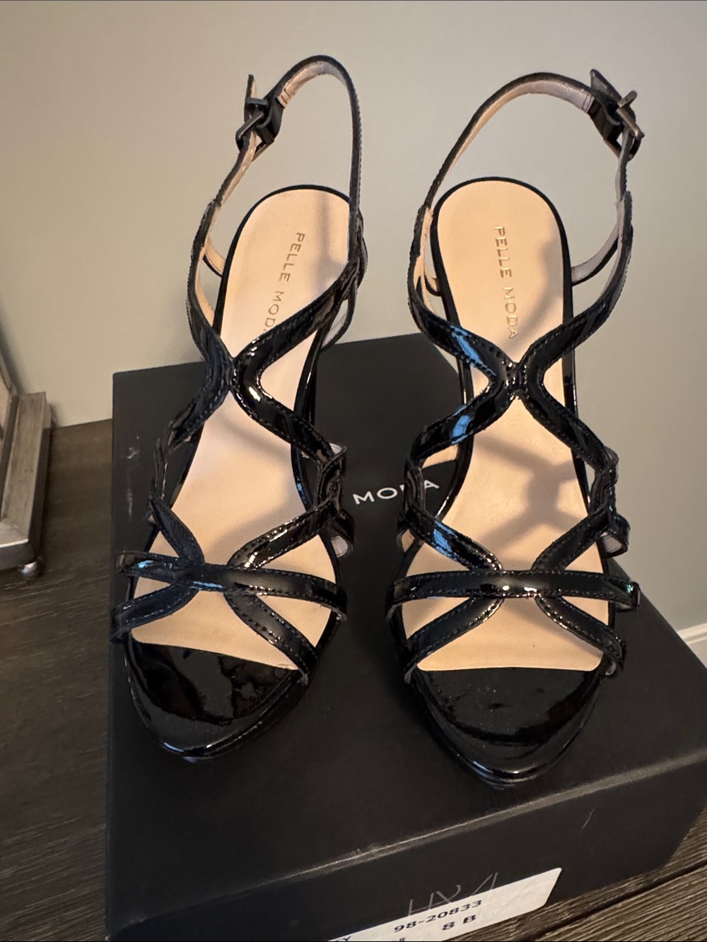 Pelle Moda Black Patent Strappy High Heel Sandals